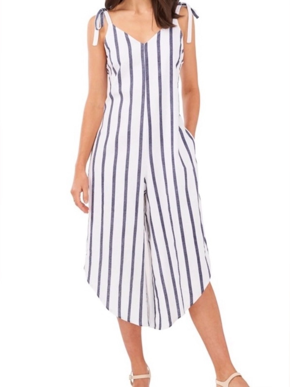 Vince Camuto Jumpsuit White Blue Striped Tie-Shoulder Midi Relaxed Fit Scarf Hem